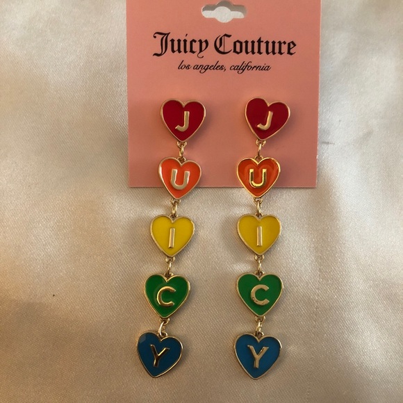 Juicy Couture Gold Tone Enamel Rainbow Stacked Juicy Hearts Drop Earrings NWT - Picture 11 of 11